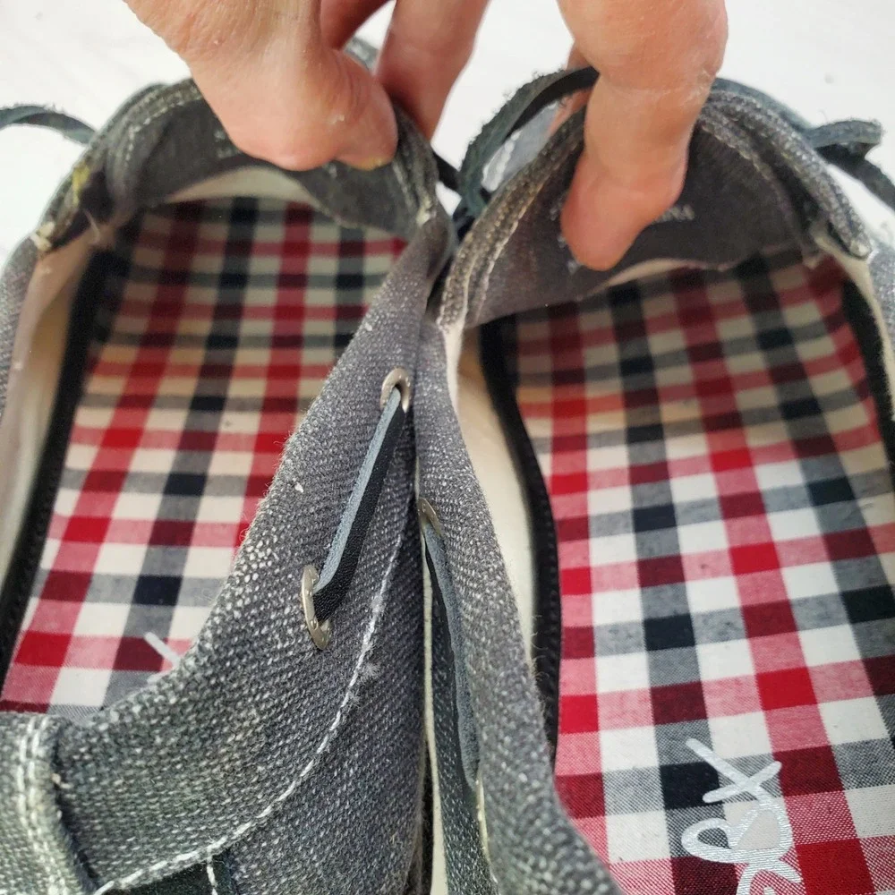 GBX Mens Boat Shoes Charcoal Denim Canvas Plaid Lining Moc Toe 13M‎ Street-Savvy